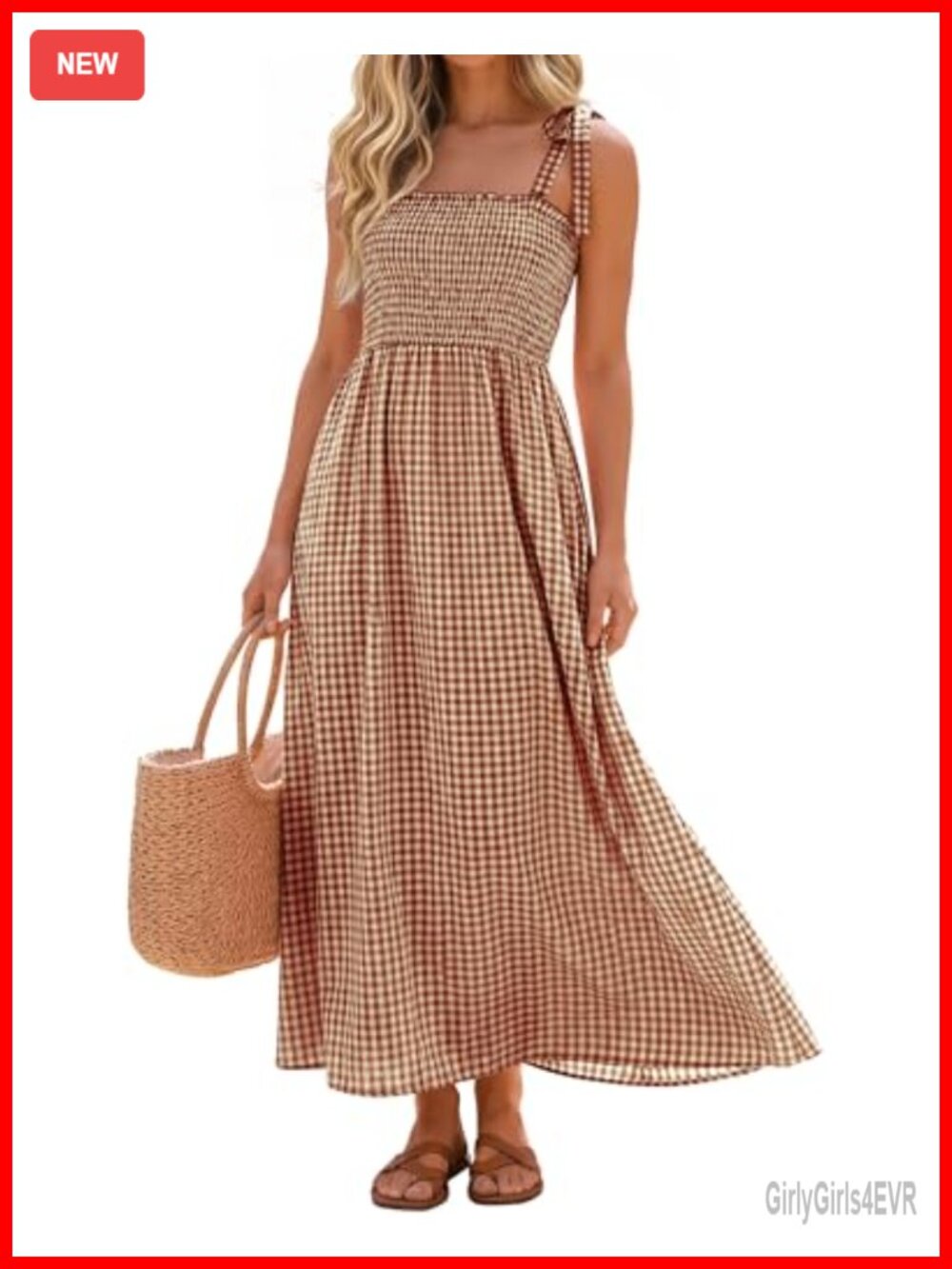 Women's Plaid Maxi Gingham Flowy A-Line Smocked Dress